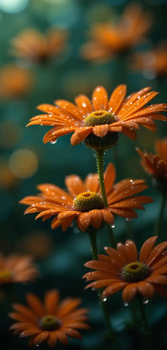Close up of dewy orange flowers with green centers