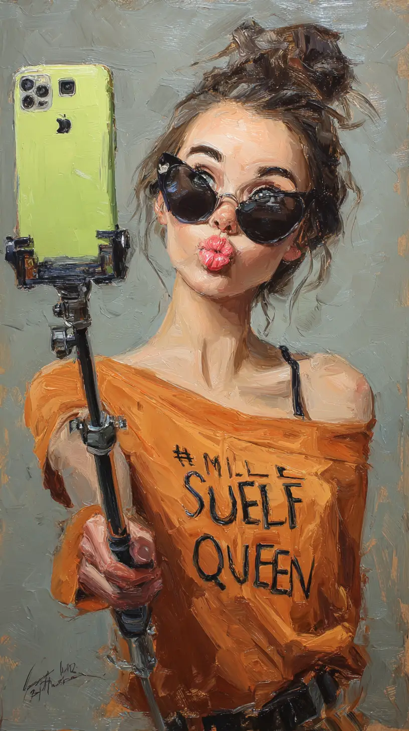 Caricature girl selfie portrait with oversized hand and phone