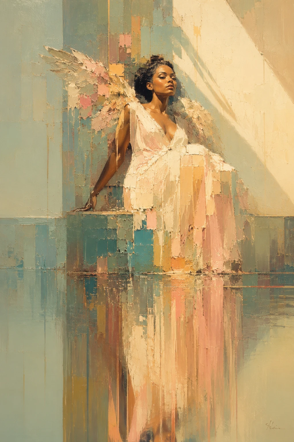 Ethereal angel resting in summer shade with abstract paint