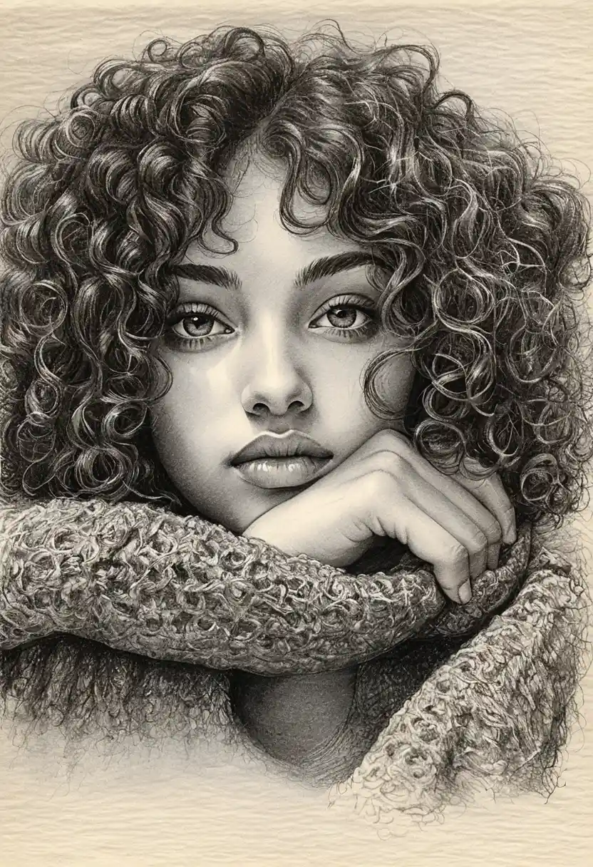 Charcoal pencil portrait of a girl resting on her arms