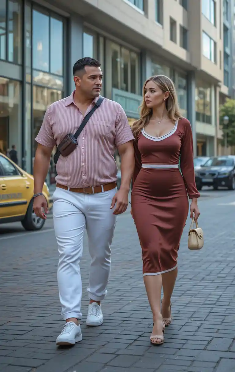 Stylish couple walking by a modern glass front mall