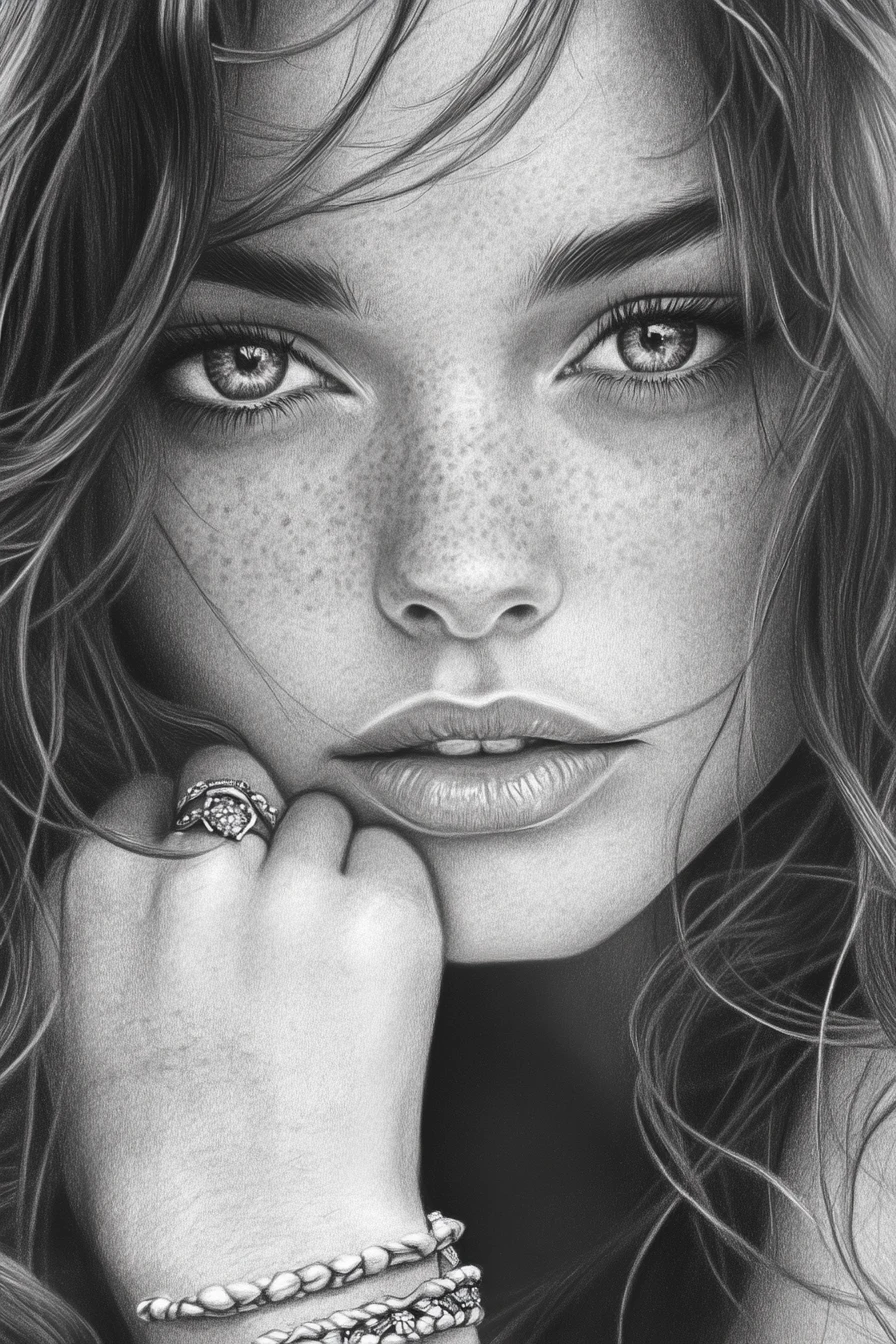 Graphite close up portrait of a young woman resting her head