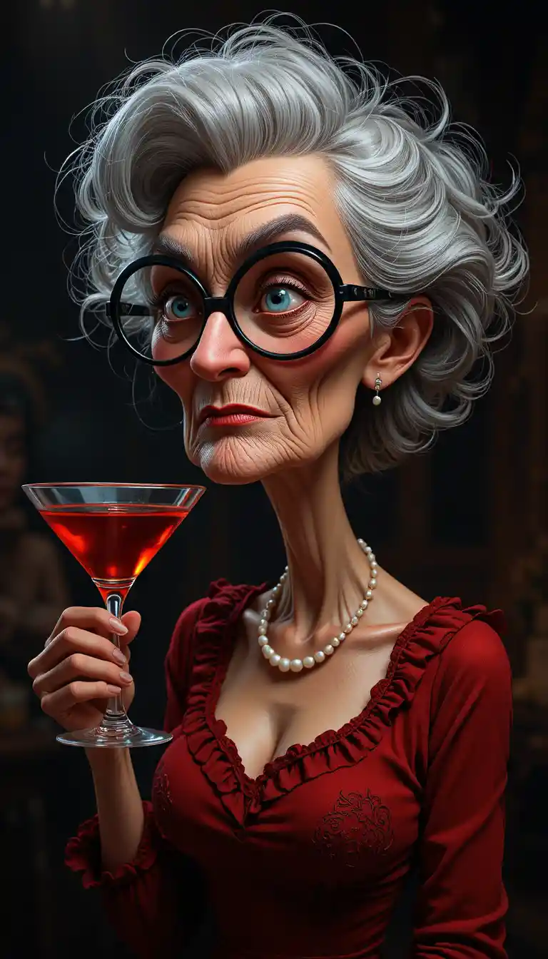 Elderly woman with martini in dramatic low key portrait