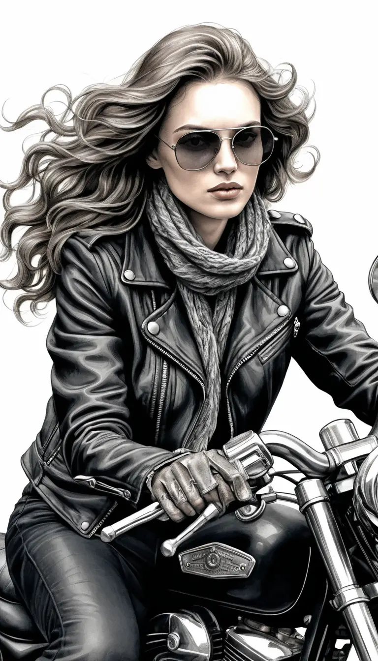 ドラマチックなイラストのヴィンテージバイクに乗る自信に満ちた女性