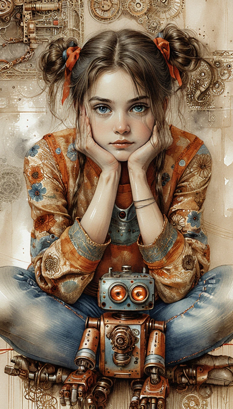 Ragazza con codini in sintonia con un piccolo robot vintage