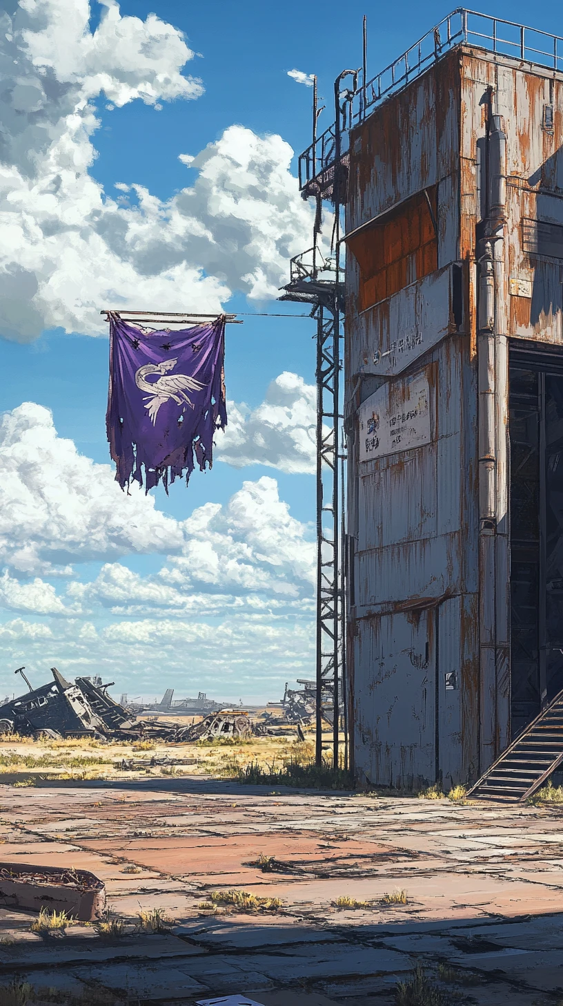 Steel watchtower and hangar beside an abandoned airfield