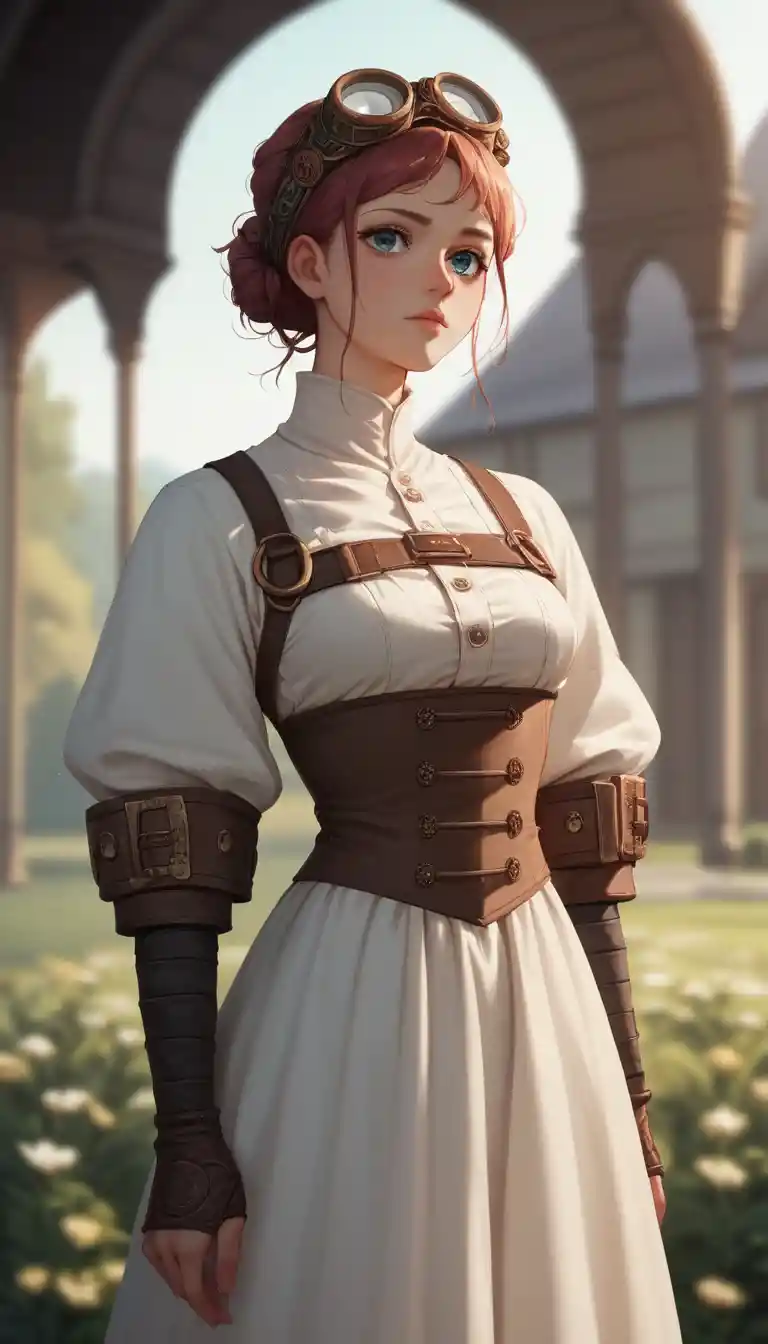 Anime ninja girl in a dark steampunk city scene