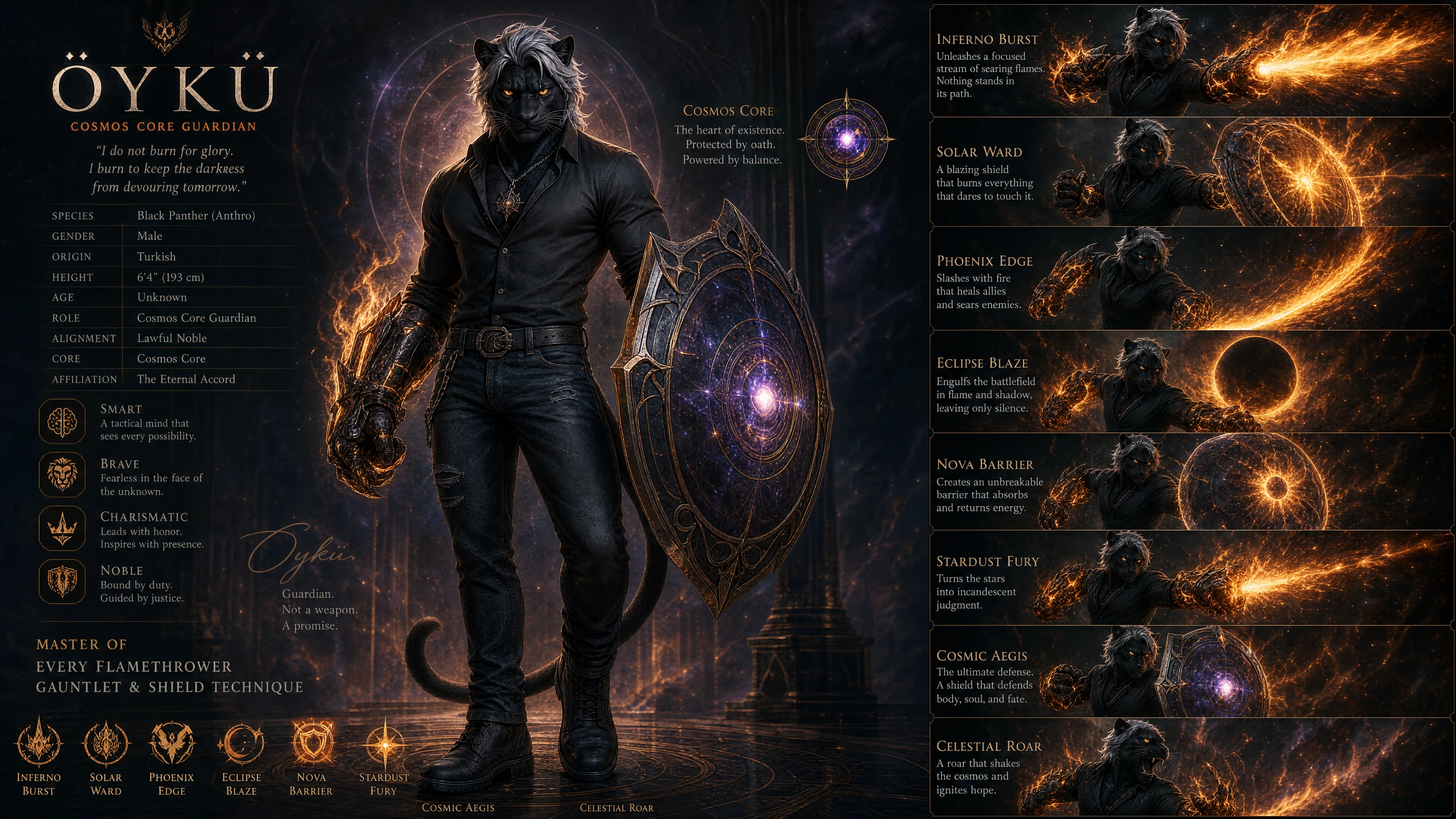 Anthro black panther guardian with silver hair and orange eyes