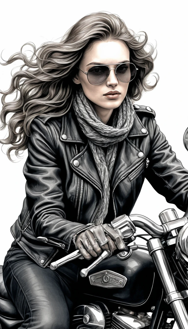 Mulher confiante em motocicleta vintage em ilustração dramática