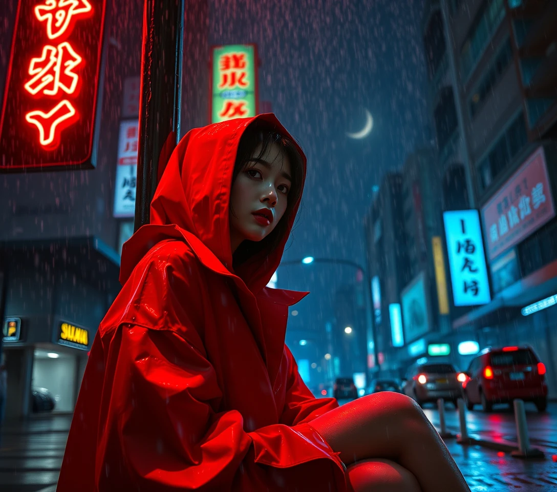 Woman in orange coat in foggy neon city alley