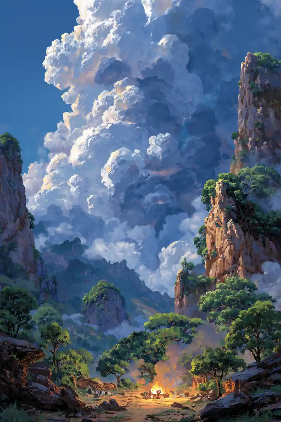Mountain forest landscape with heart shaped clouds above desert