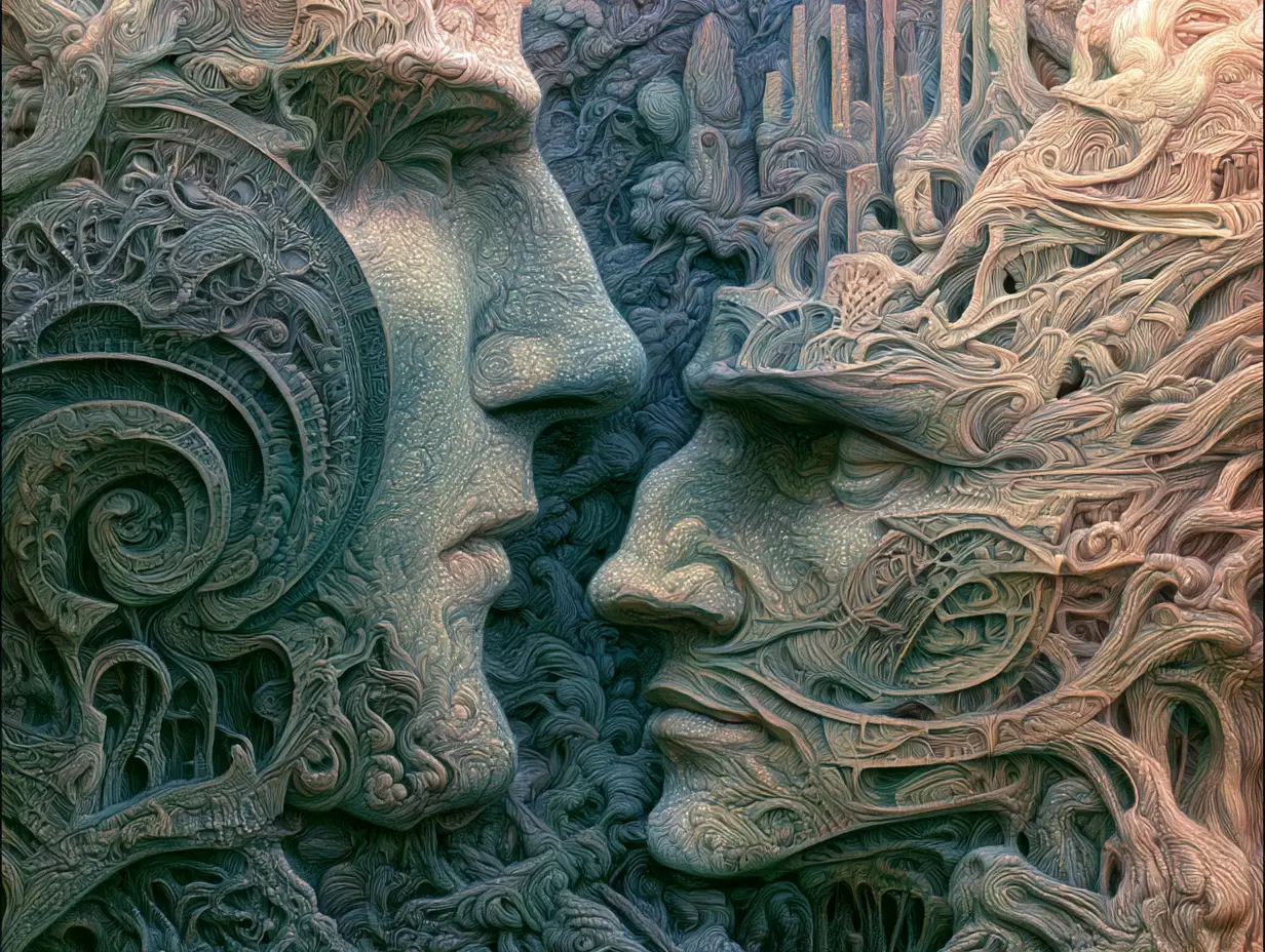 Colossal humanoid forms rising from a luminous primordial mire