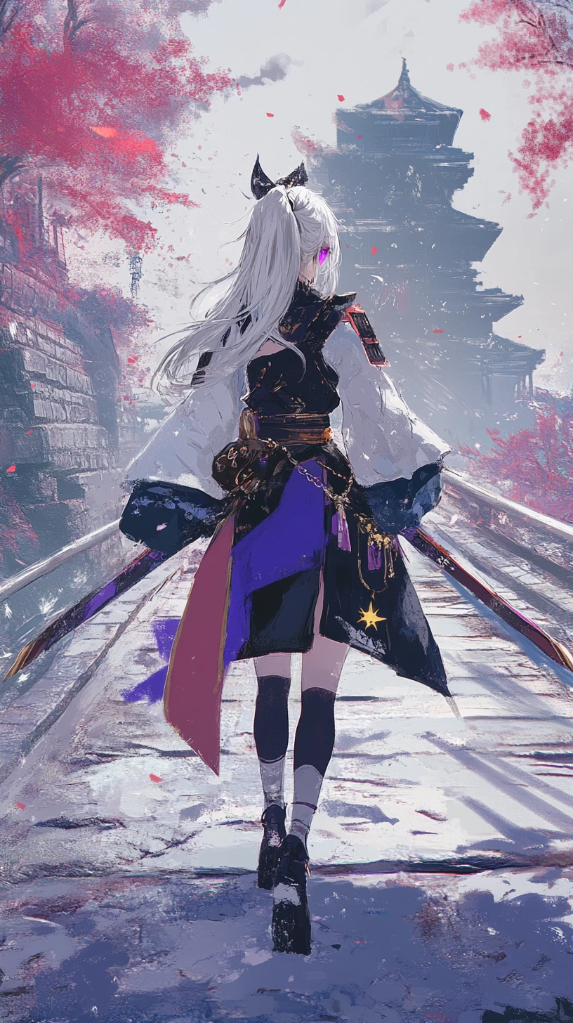 Anime girl with halberd crossing bridge to ruined fantasy castle