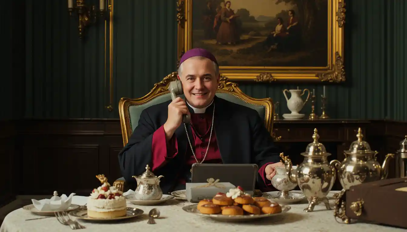 Cheerful cleric on rotary phone at ornate dining table