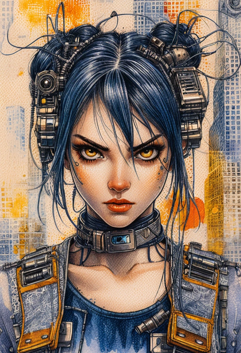 Cyberpunk woman portrait with mechanical headset and city backdrop