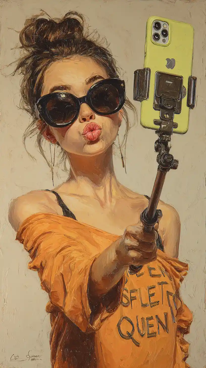 Caricature girl taking a selfie with oversized selfie stick