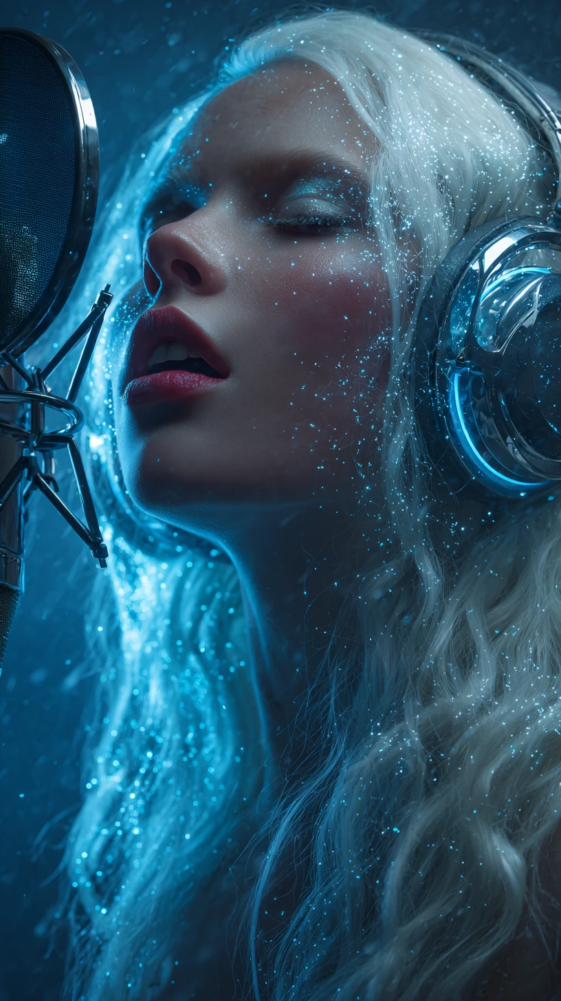 Cinematic portrait of a singer with platinum hair and headphones