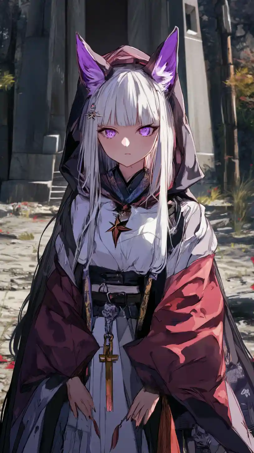 Anime girl at a steel hangar on an abandoned airfield