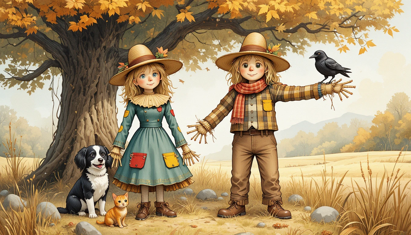 Autumn scarecrows with dog and cat under leafy tree