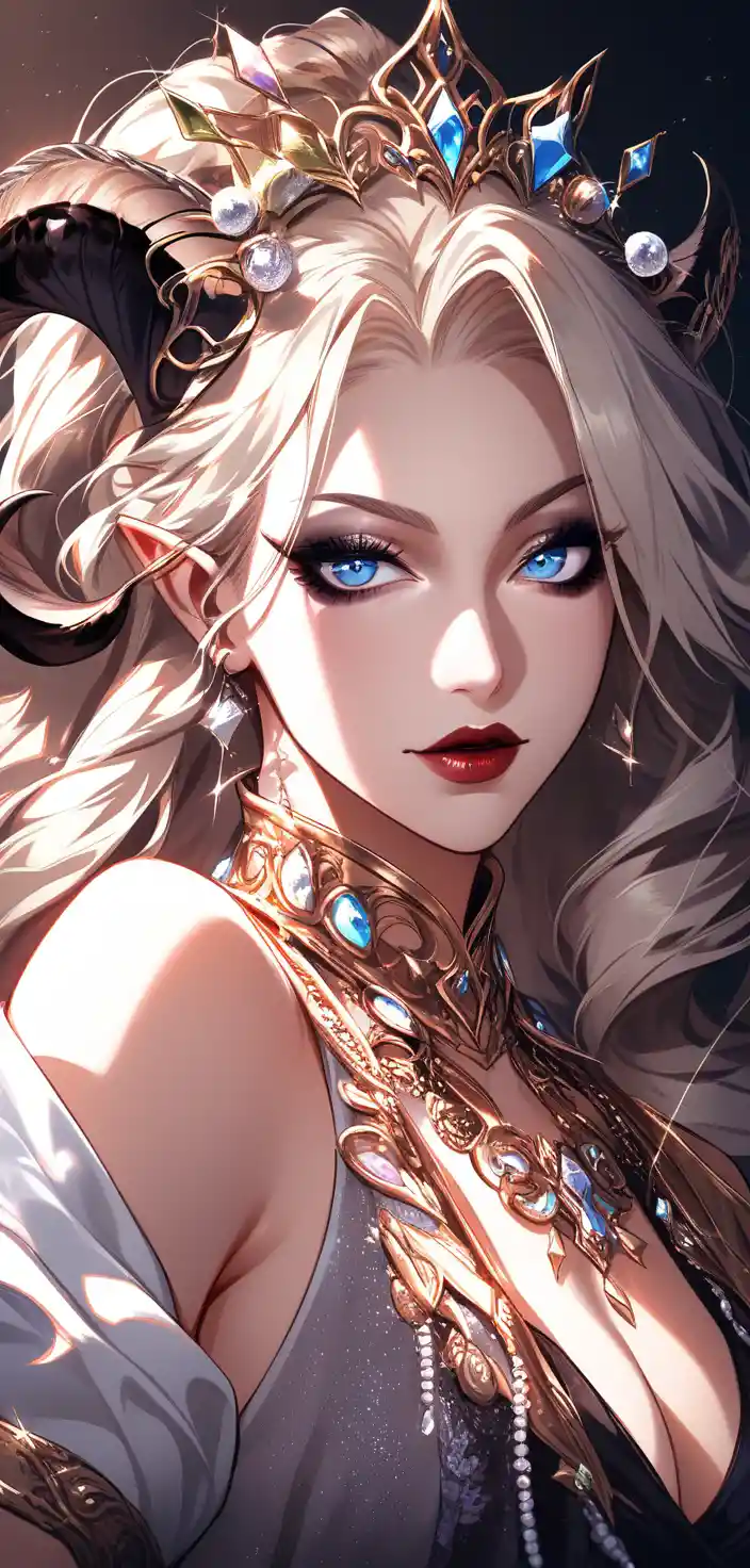 Elegant tiefling woman in dark baroque blue gown