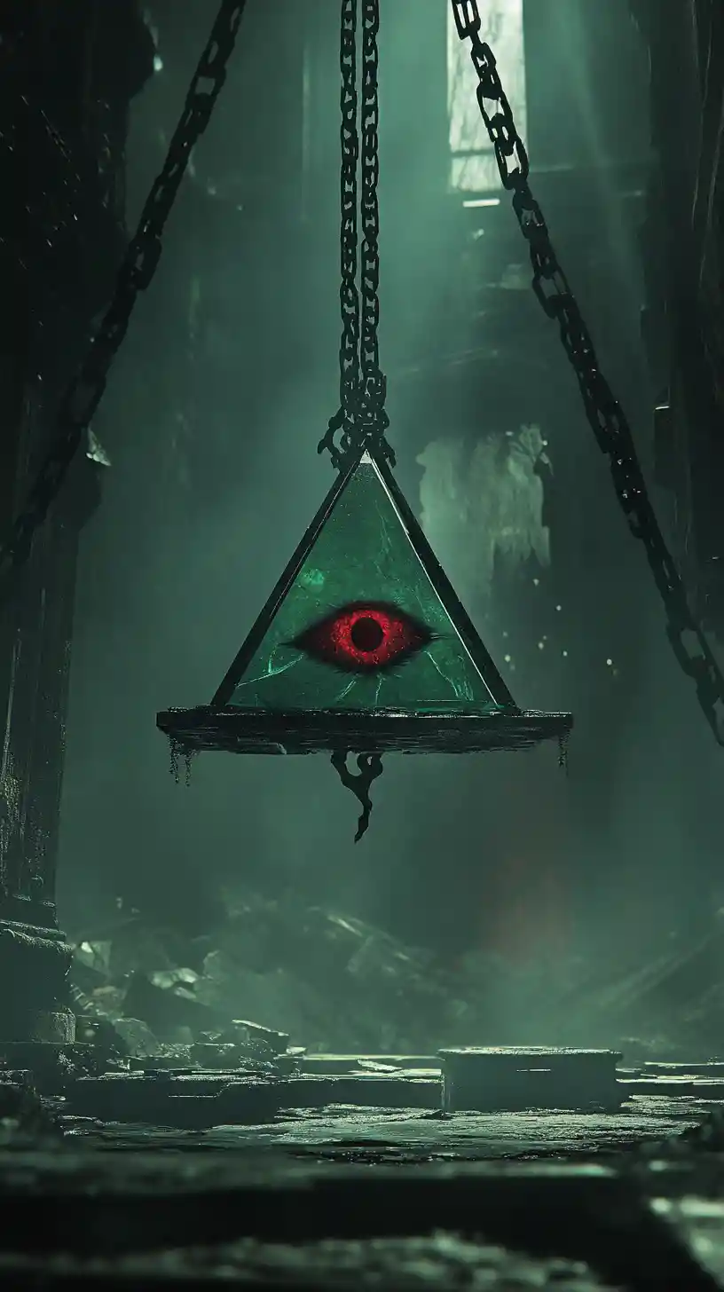 Suspended platform with glowing pyramid and demon eye
