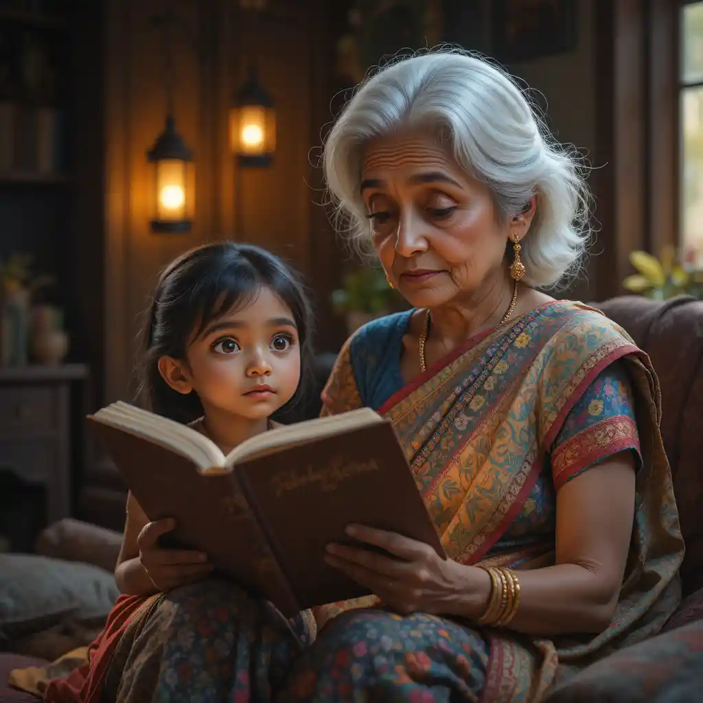 Grandmother Reading To A Curious Girl In Lantern Light