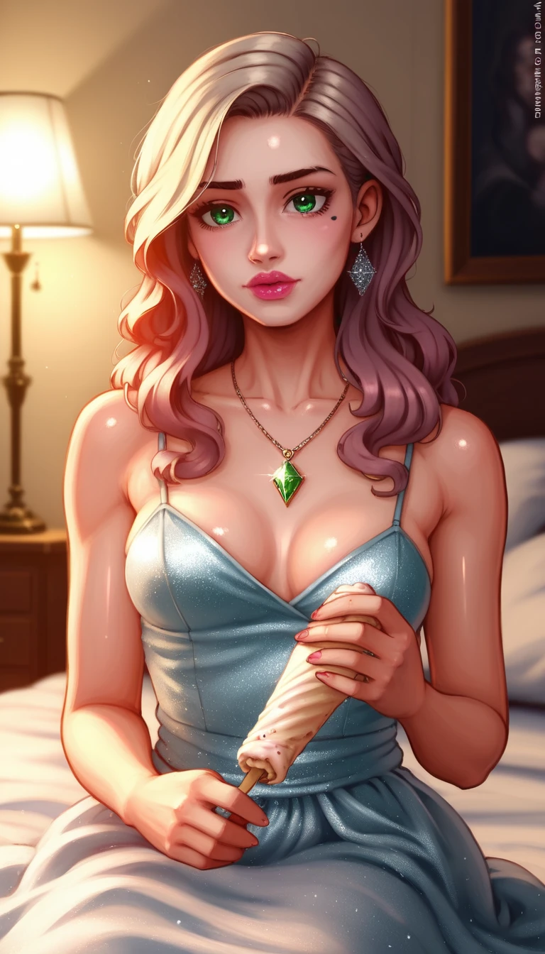 Elegant young woman on a satin bed with ice cream
