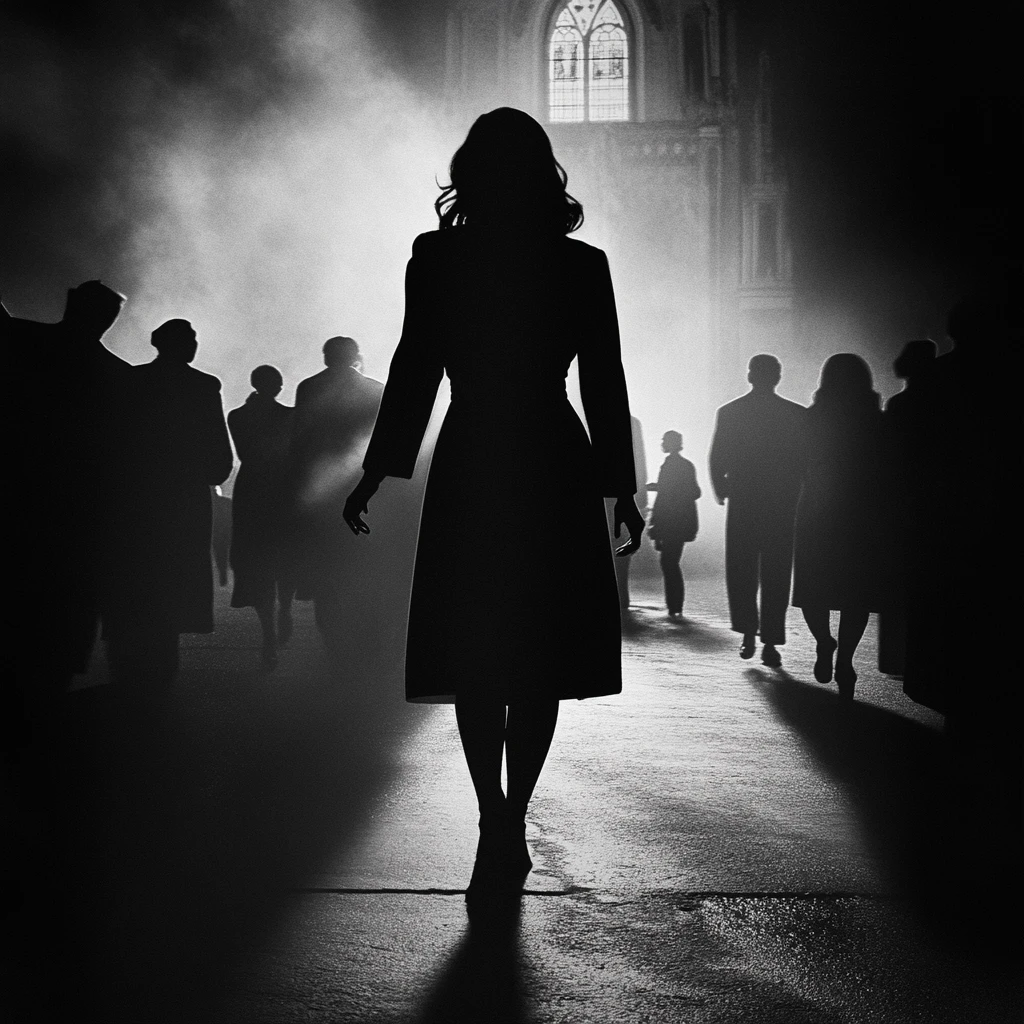 Devil girl turning away from faith in a dark city