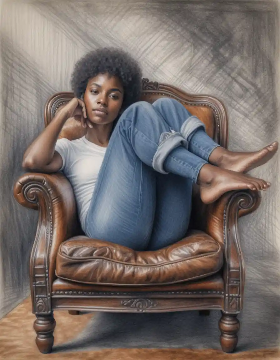 Young woman reclining in an antique leather armchair drawing