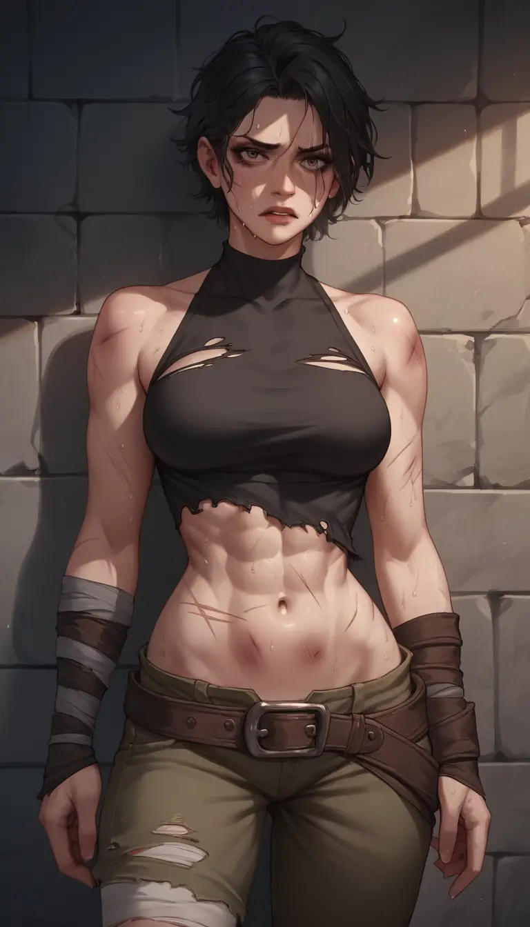 Exhausted warrior woman in a grim dungeon setting