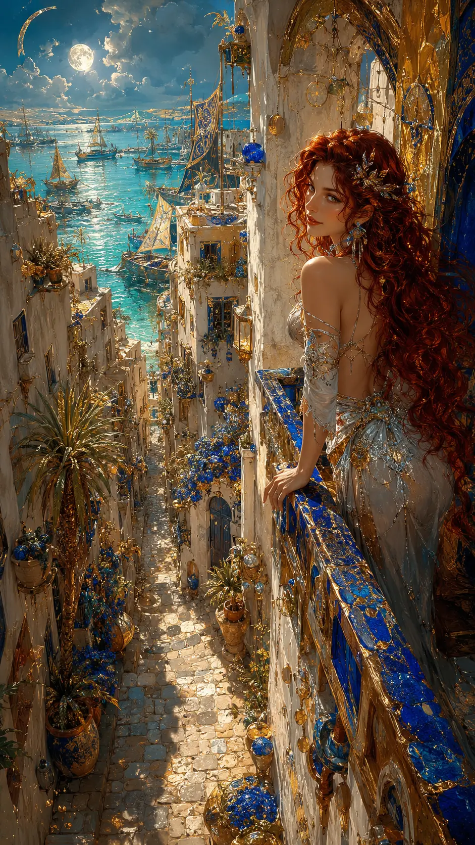 Fantasy woman on balcony above surreal cobblestone alley