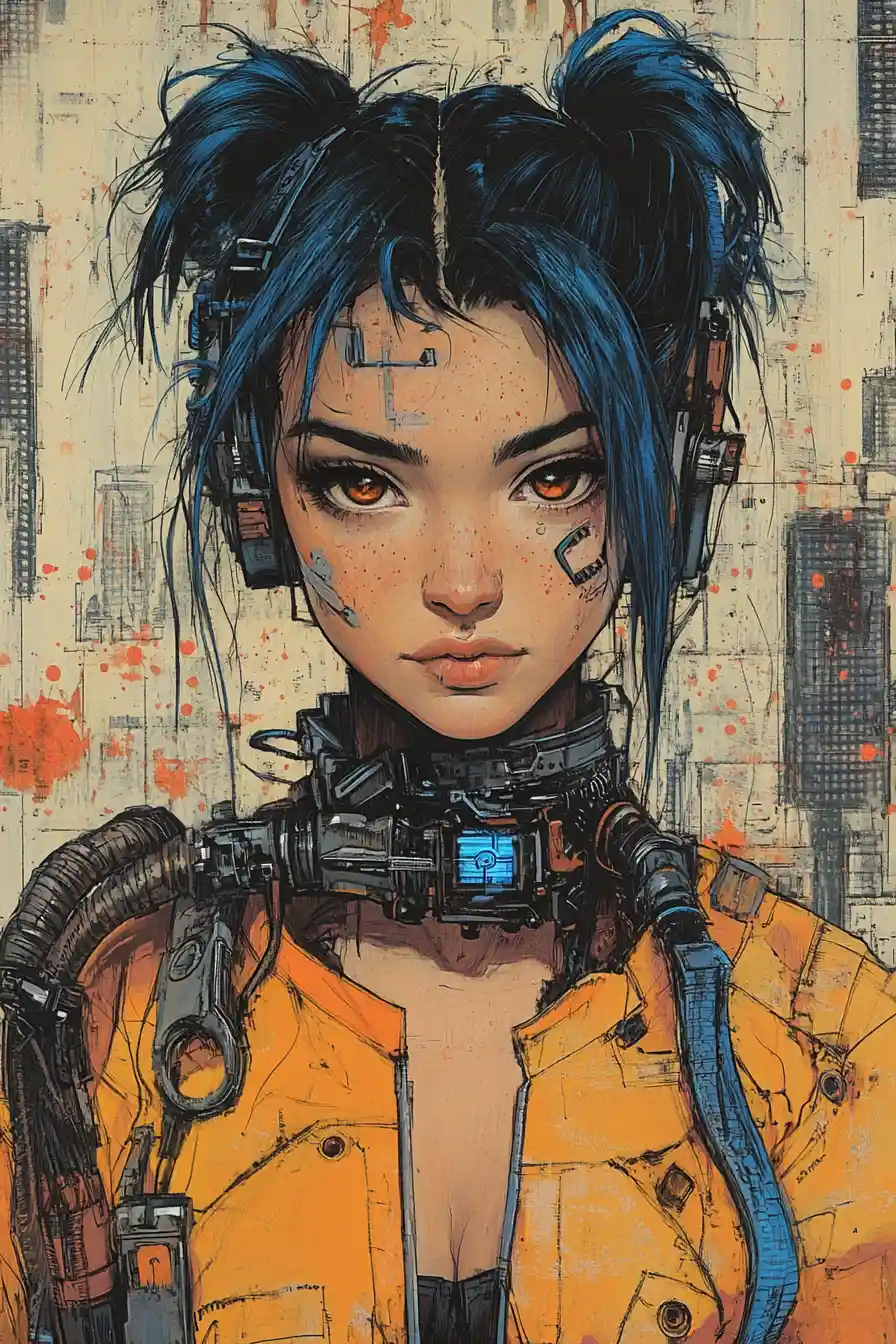 Cyberpunk woman portrait with amber eyes and city backdrop