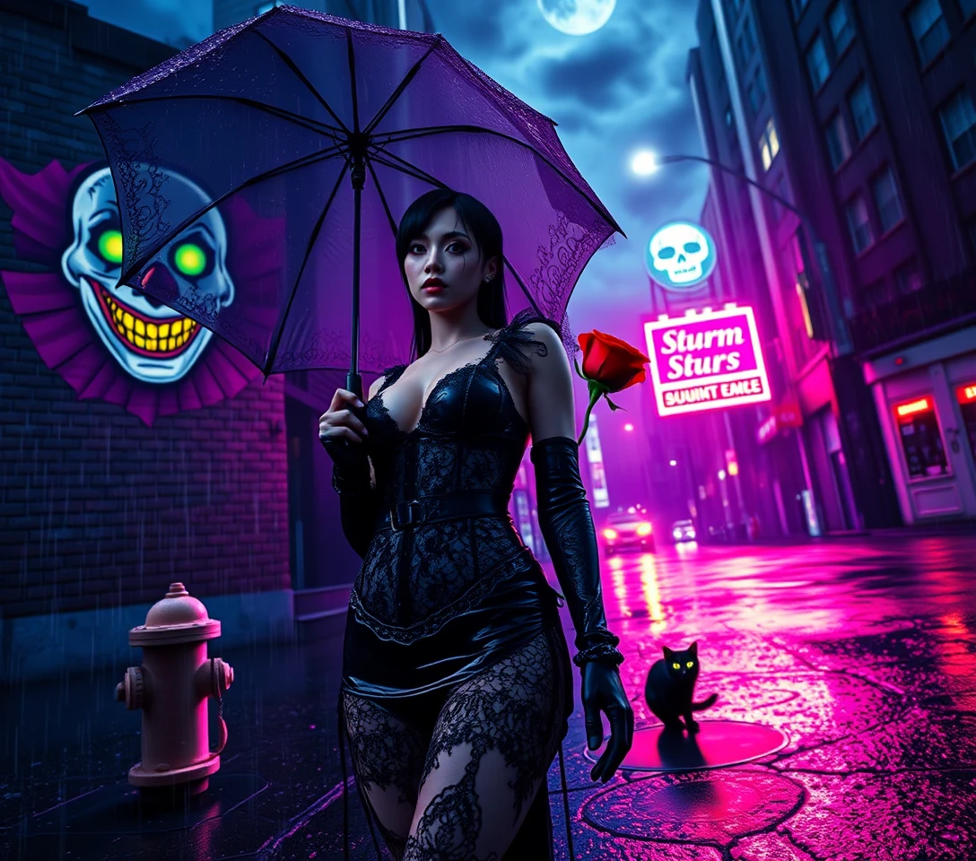 Gothic woman in neon city rain with shattered umbrella