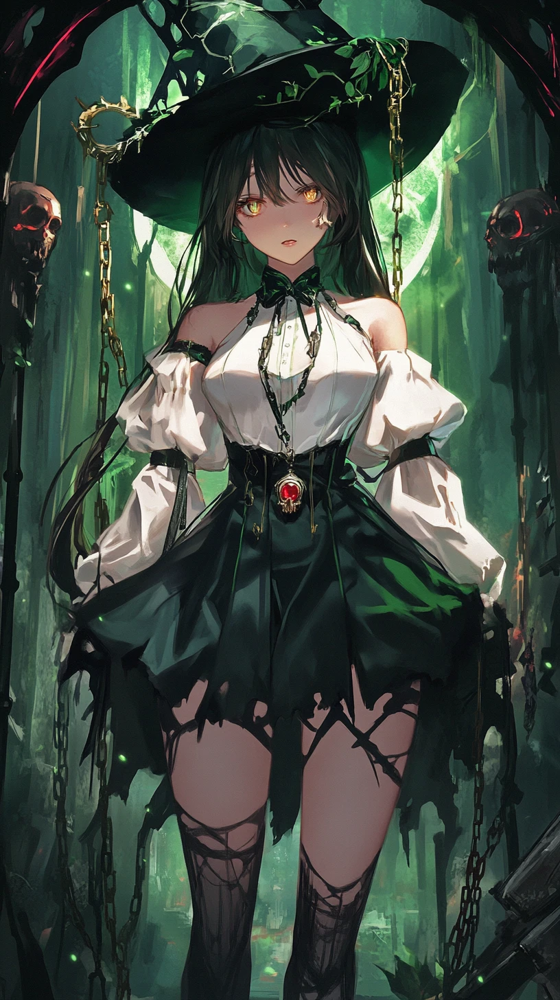 Anime girl witch with skull necklace on dark ruined gate platform