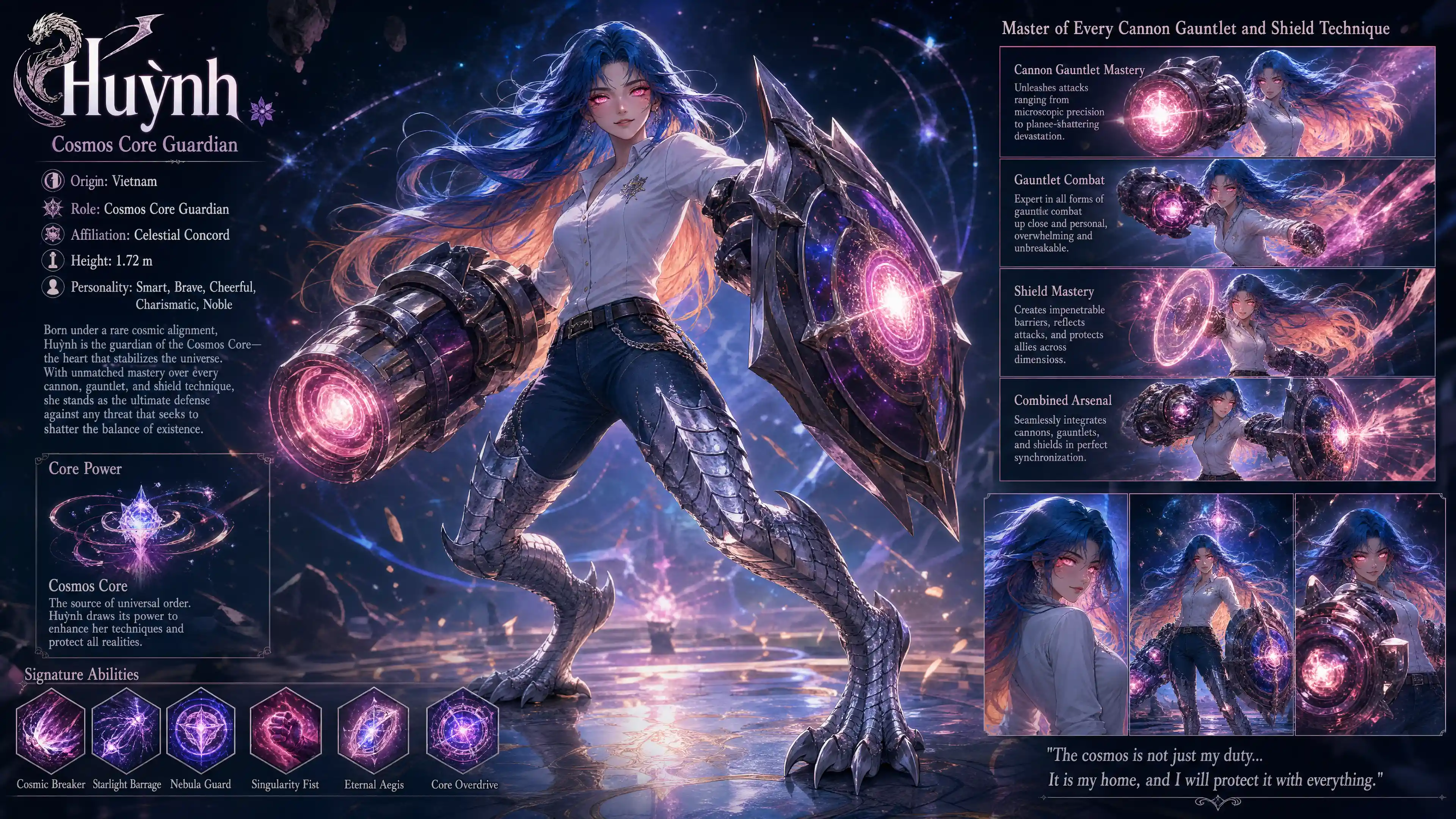 Cosmic guardian woman with dragon legs and blazing eyes