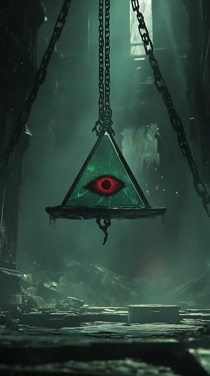 Schwebende Plattform mit leuchtender Pyramide und Dämonenauge