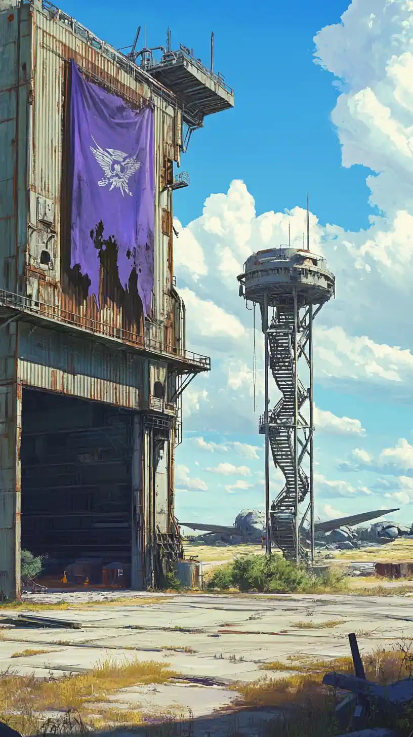 Hangar en acier et tour sur un aérodrome abandonné