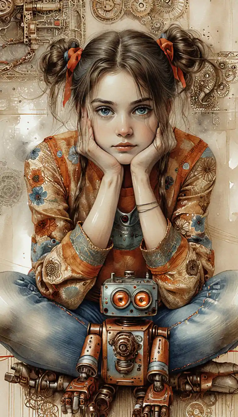 Girl in pigtails bonding with a small vintage robot