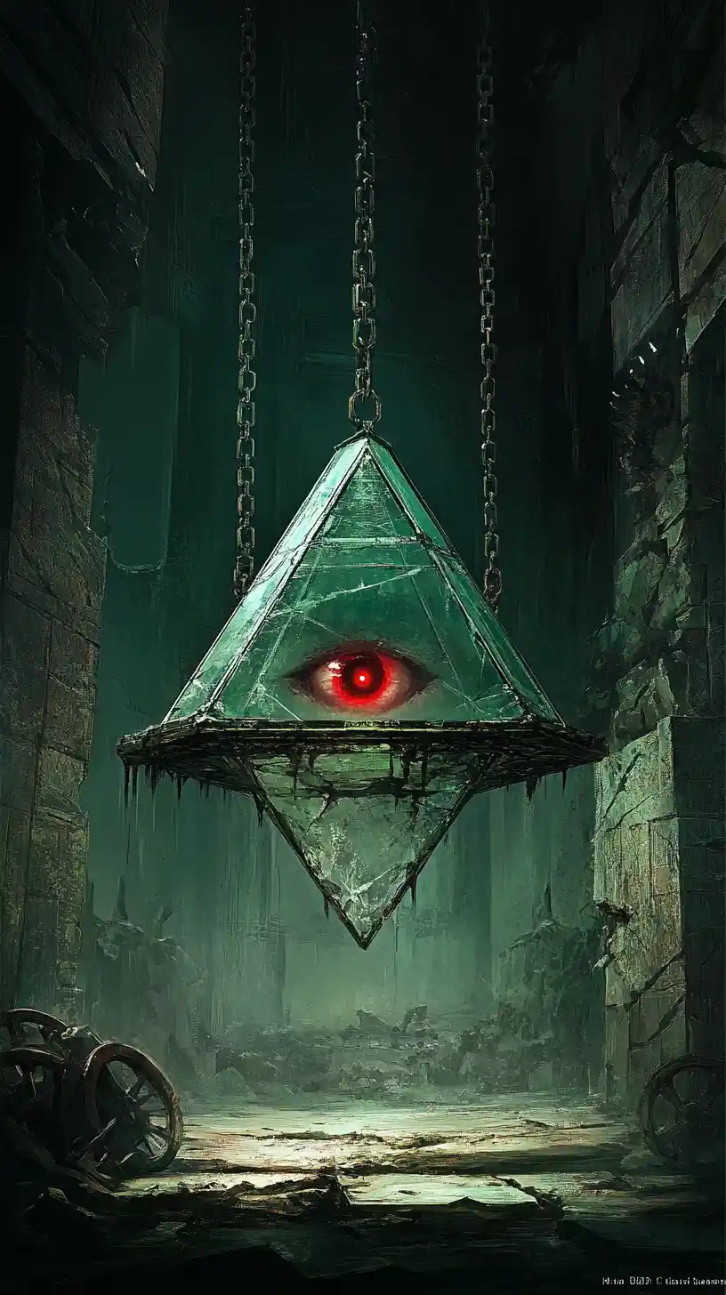 Piramide di vetro fluttuante con occhio demoniaco sopra piattaforma incatenata