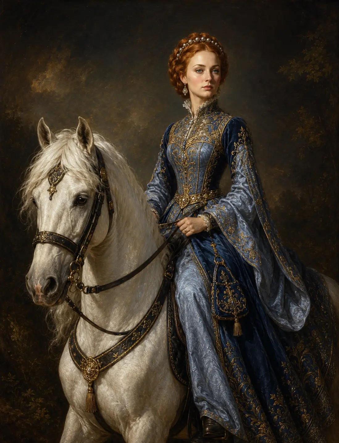 Renaissance style portrait of a young woman on horseback