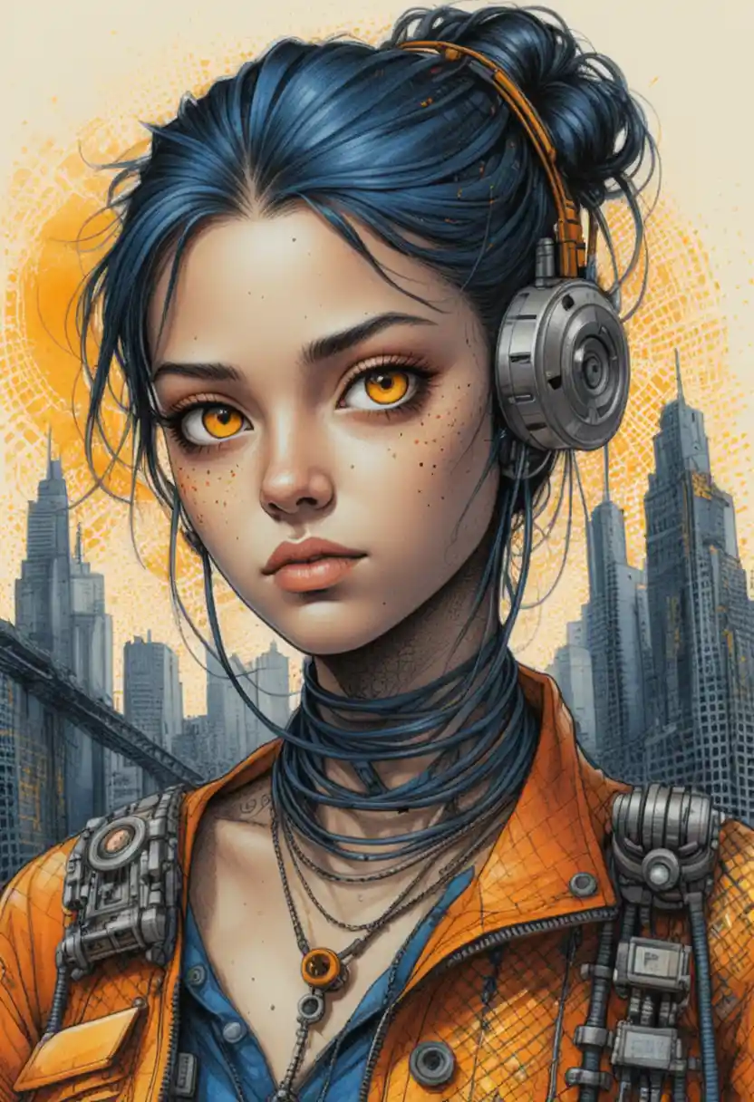Cyberpunk woman portrait with mechanical ear device and wires