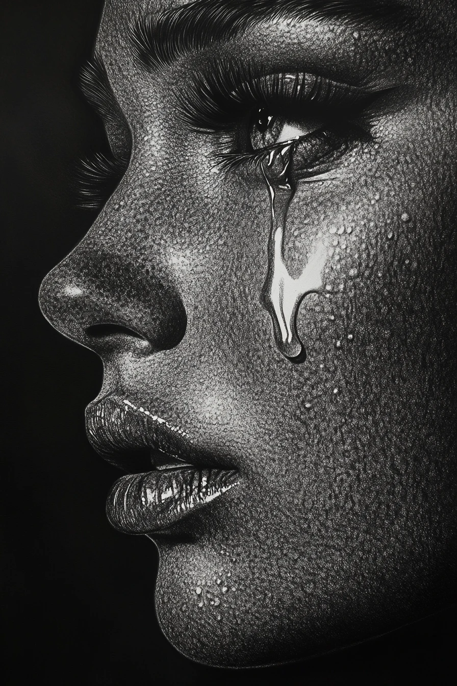 Charcoal profile portrait of a crying woman in deep shadow