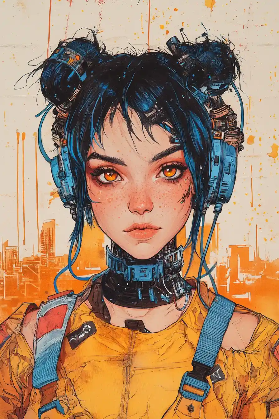 Cyberpunk-Porträt einer Frau mit mechanischem Headset und Kabeln