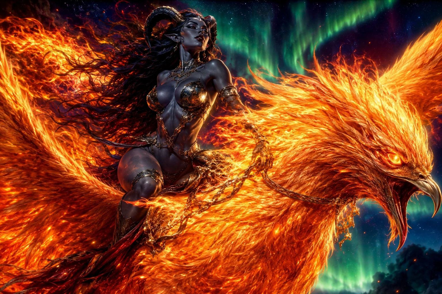 Flaming phoenix rebirth with horned succubus rider at night