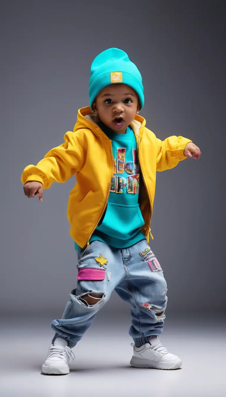 Colorful baby hip hop dancer in dynamic full body pose