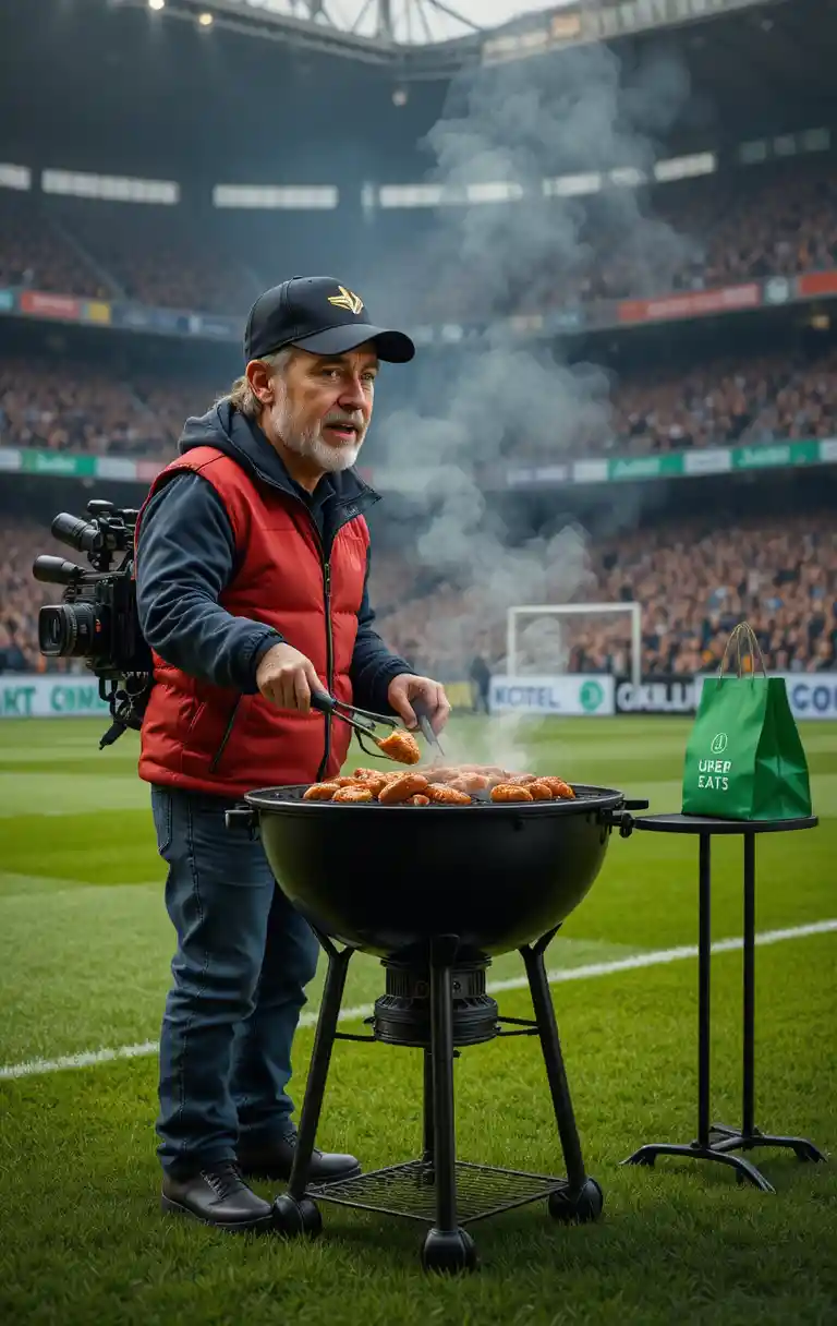 Cameraman faisant un barbecue sur un terrain de football lors d’un événement au stade