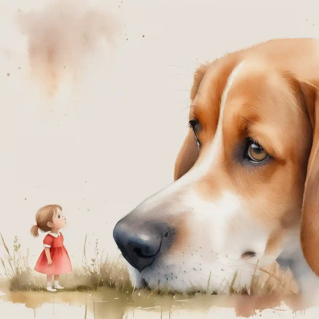 Giant beagle facing a tiny curious girl in digital illustration