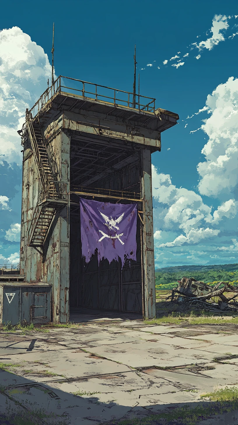 Steel hangar and tower beside an abandoned concrete airfield