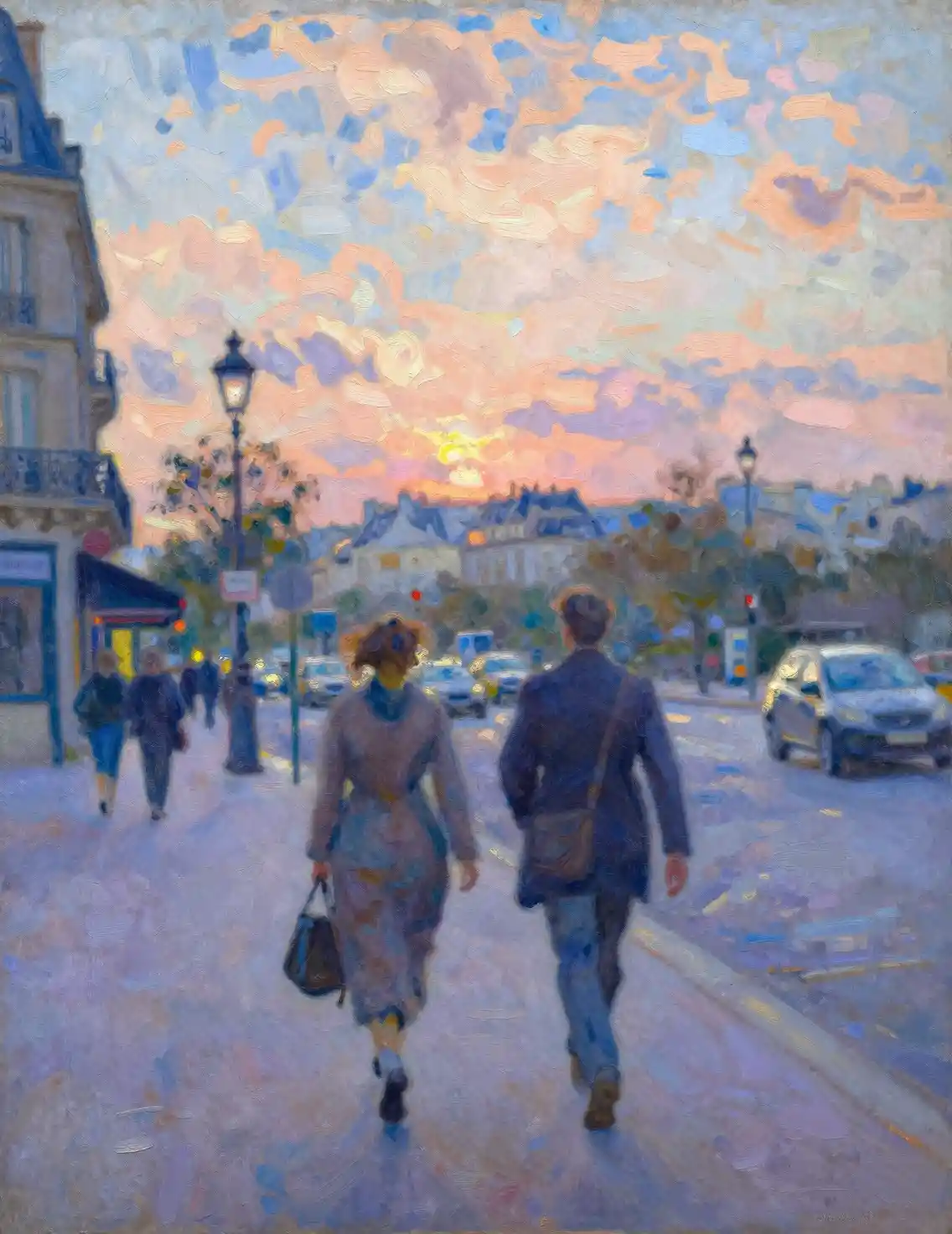 Impressionist couple walking along a glowing Paris street