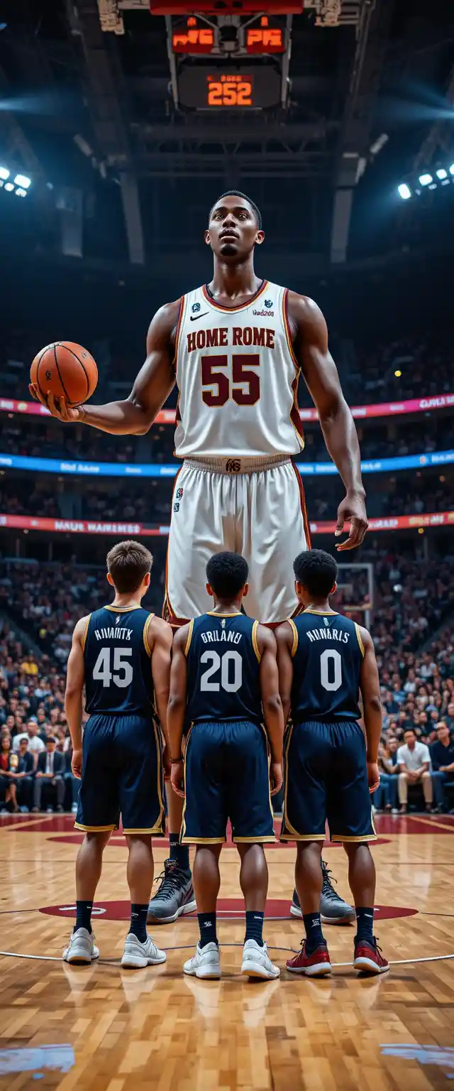 Tall basketball player facing young opponents on court